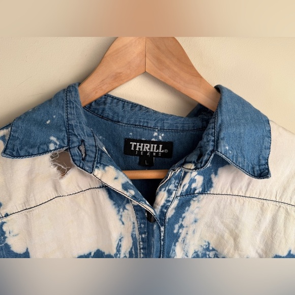 Thrill Jeans Womens High Low Heavily Distressed Button Down Blue Shirt Top Lg. - Picture 6 of 14
